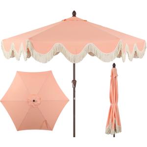 JONATHAN Y UMB1001F Collins 9 ft. Classic Cottage Tassel Market Patio Umbrella with Auto-Tilt, Crank, Wind Vent and UV Protection in Coral Pink/Cream