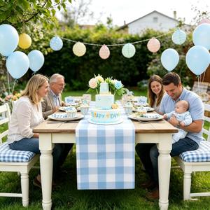 yuboo Light Blue Gingham Table Runner, Spring Summer Buffalo Plaid Check Table Cloth 72 inches Long, Blue and White Table Decor Party Supplies, Farmhouse Baby Shower Birthday Table Decorations