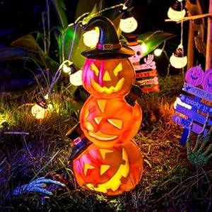 WONDHOME Halloween Pumpkin Decorations Unique 3 Tiers Stacked Jack-O-Lantern Halloween Decorations Solar Pumpkin Lights Outdoor Halloween Decor for Garden Yard Porch, 3 Tiers Pumpkin