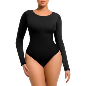 FeelinGirl Tummy Control Bodysuit for Women Long Sleeve Shapewear Thong Body Suit (Medium-Large, Black)
