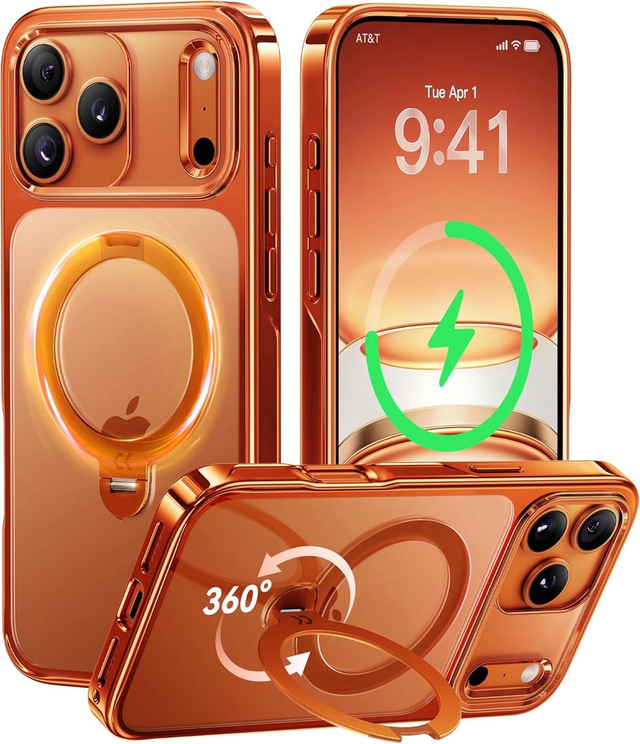 CASEKOO Cosmic Orange Glossy for iPhone 17 Pro Max Case [360 Spin Magnetic Stand][Fit for MagSafe][17FT Military Protection] Slim Polished for iPhone 17 Pro Max Case with Stand 6.9", Cosmic Orange