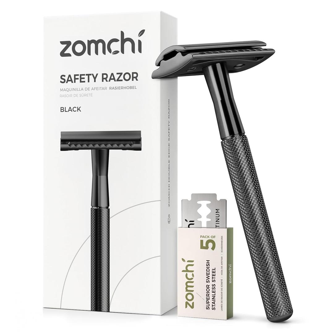 ZOMCHI Safety Razor for Men with 5 Double Edge Safety Razor Blades, One Blade Safety Razor, Metal Razor Zero Waste  Black (1 Count (Pack of 1))