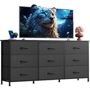 WLIVE 54''W Dresser for Bedroom, Black Dresser TV Stand for 55, 60, 65 inch TV, Wide Chest of Drawers with 9 Drawer, Large Entertainment Center, Fabric Dressers with Wood Top for Closet, Living Room