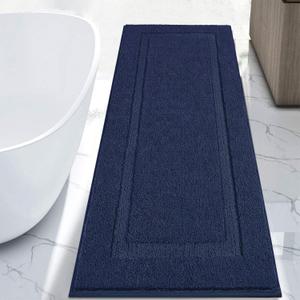SHACOS Super Soft Long Bathroom Rugs 24"x60" Polyester Fluffy Bath Runner Non Slip Washable Absorbent Bath Rugs Mats Bathroom Accessories Tub Shower Vanity Carpet, Navy Blue 2'x5'