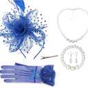 Women Fascinators Hats Veil Mesh Tea Party Derby Hat Bow Lace Gloves Pearl Jewelry Set for Women Cocktail Wedding (Blue)