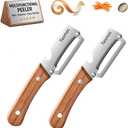 Multifunctional Vegetable Peeler for Kitchen, 2 Pack Stainless Steel Veggie Peeler Knife with Wooden Handle & Bottle Opener for Potato, Cucumber, Orange, Pineapple (2)