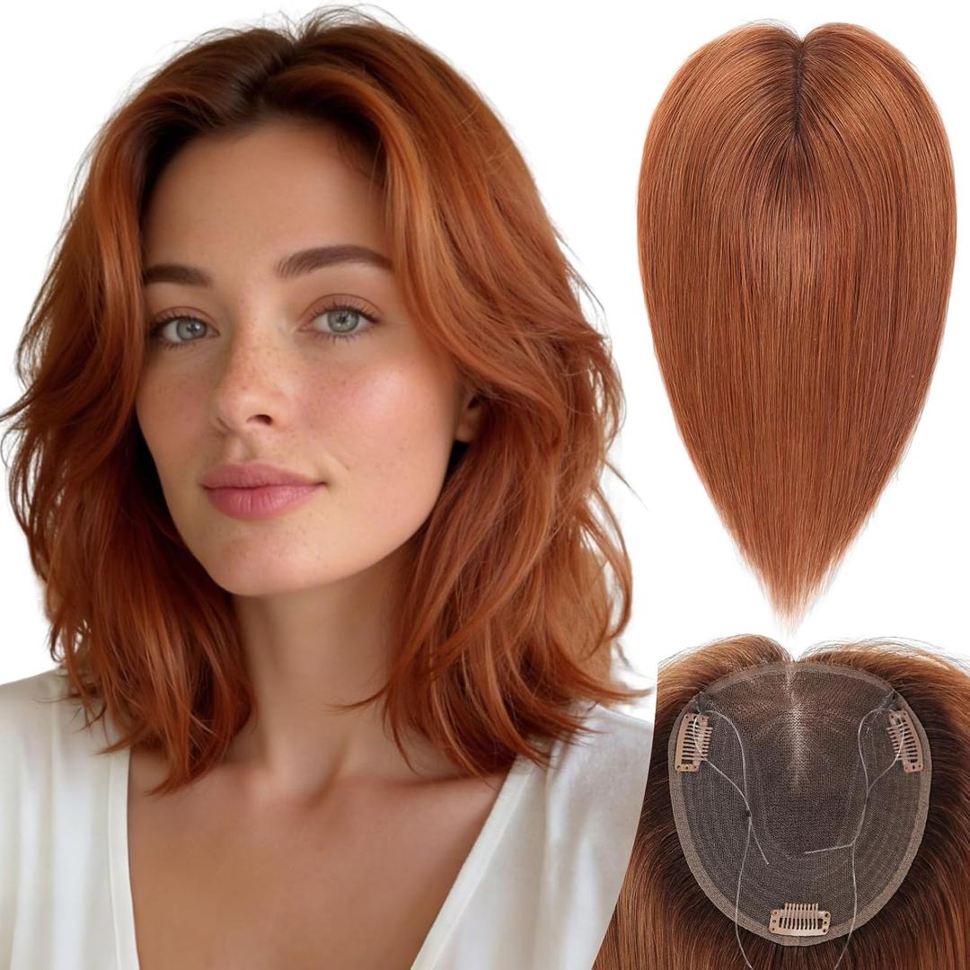 starluck Real Human Hair Toppers 6"x5" SilkHug & Swiss Base (60g) Strawberry Blonde 30# with Thinning Hair Topper no Bangs-14 Inch