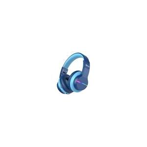 iClever BTH12 Kids Bluetooth Headphones,Colorful LED Lights Kids Headphones Wireless,74/85dBA Safe Volume,85H Playtime,Fast Charging,Bluetooth 5.2,Over Ear,Builtin Mic for iPad/Tablet/Airplane,Blue