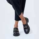 Coutgo Womens Chunky Platform Lug Sole Loafers Mid Heel Square Toe Dress Walking Work Shoes with Buckle Chain,Black, Size 7
