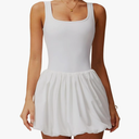 Women's Tennis Golf Dress with Built-in Bra Shorts Backless Square Neck Mini Puffy Skirt Athletic Dresses with Pockets, White, Small