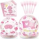 96Pcs Sleepover Party Supplies for Girls Pink Pajama Pillow Fight Plates and Napkins Disposable Slumber Spa Makeup Tableware Set for Girls Ladies Night Birthday Bachelorette Party Decorations Serves24