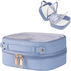 Clear Cosmetic Bag Double Layer Travel Toiletry Bag Clear Makeup Bag Case with 4 Compartments, Transparent Travel Bag for Toiletries, TSA Approved Toiletry Case for Women (Blue)