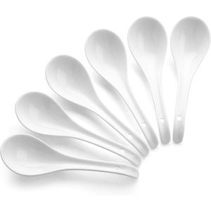 DOWAN Soup Spoons Set of 6, Ceramic Chinese Soup Spoon, Asian Soup Spoons, White Japanese Spoon Large for Ramen Pho Wonton Dumpling Miso, Deep Oval Hook Design(Soft White)