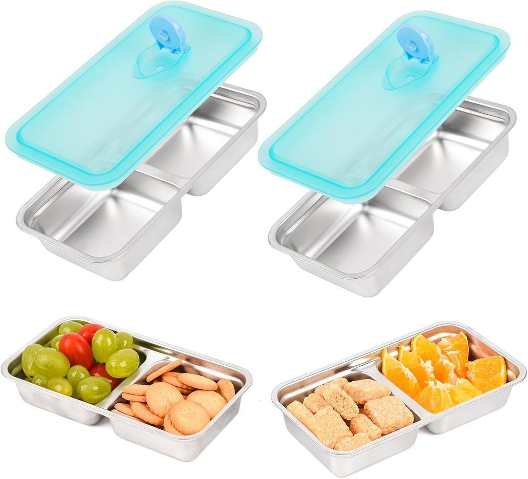 2Pcs Grab and Go Snack Containers Stainless Steel, Reusable Double Compartment Food Storage, Condiment Container with Lids - Perfect for Snacks, Dips, Travel, Camping & Takeout