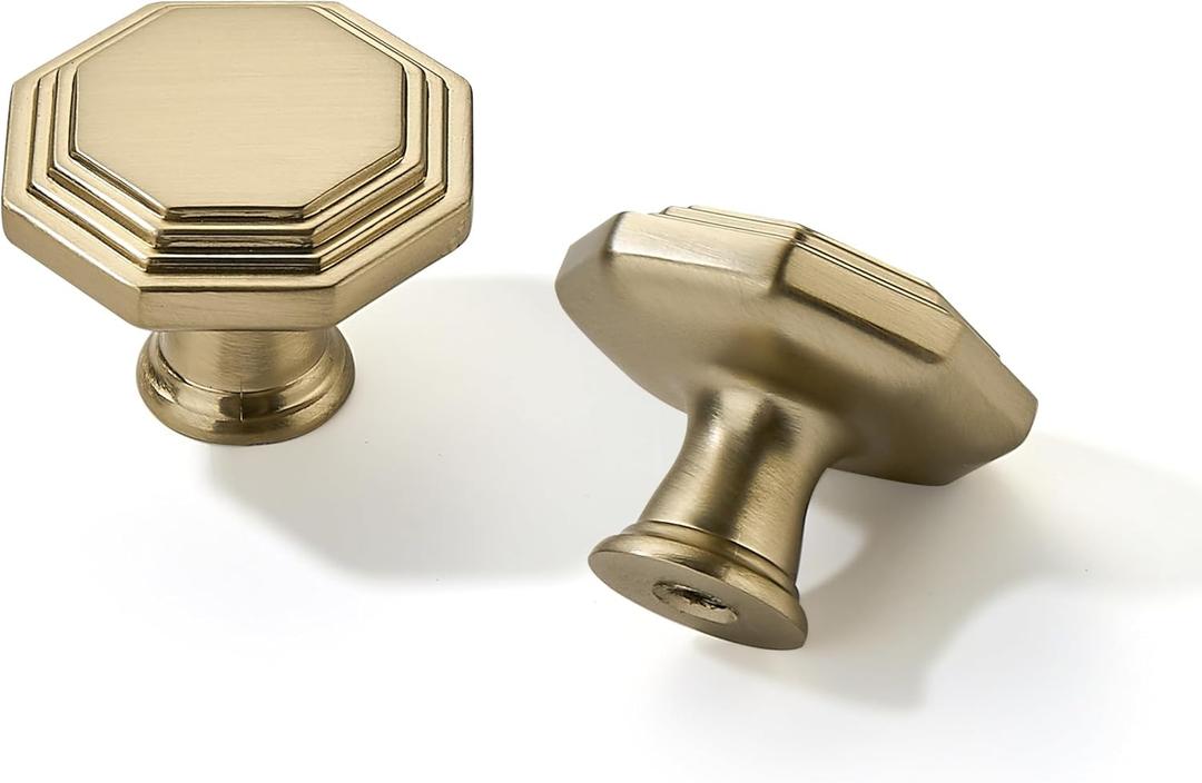 khtumeware 10 Pack 1-1/4 Inch Brushed Brass Cabinet Knobs Satin Brass Heavy Duty Solid Cabinet Hardware for Cupboard Drawer Pulls Dresser Handle