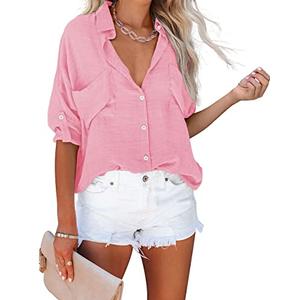 Diosun Womens Button Down Shirts V Neck Casual Long Sleeve Roll Up Loose Plain Blouses Tops with Pockets (Medium, Pink)