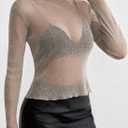 Pink Queen Women's Mesh Sheer Tops Sexy See Through Mandarin Collar FIt Party Clubwear Shirts (Gray, L)