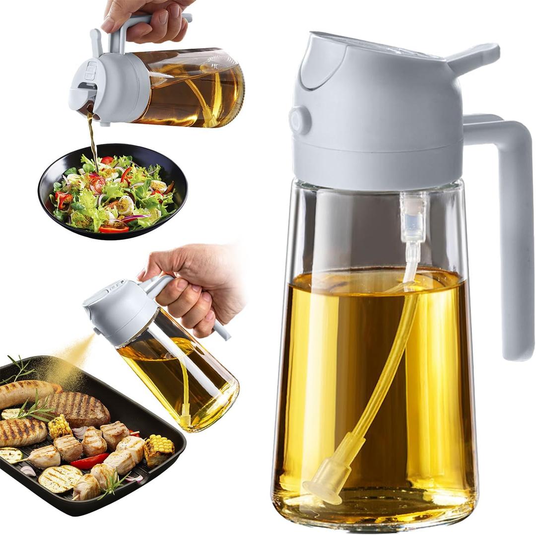 TrendPlain 16oz/470ml Glass Olive Oil Sprayer for Cooking - 2 in 1 Olive Oil Dispenser for Kitchen Gadgets, Air Fryer, Salad, and BBQ - Ash