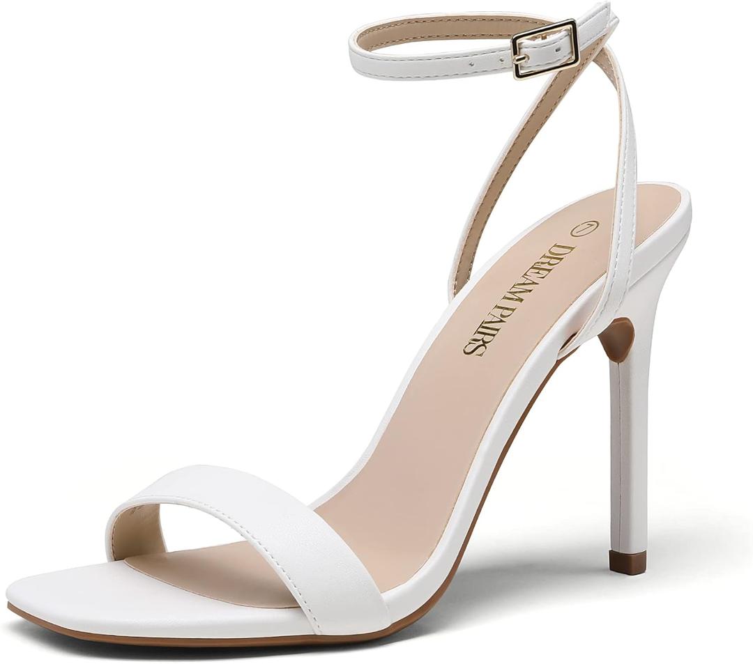 DREAM PAIRS Womens High Stilettos Open Square Toe Ankle Strap Heels Sexy Comfort Strappy Dress Shoes Wedding Bridal Pumps Sandals (7, White)