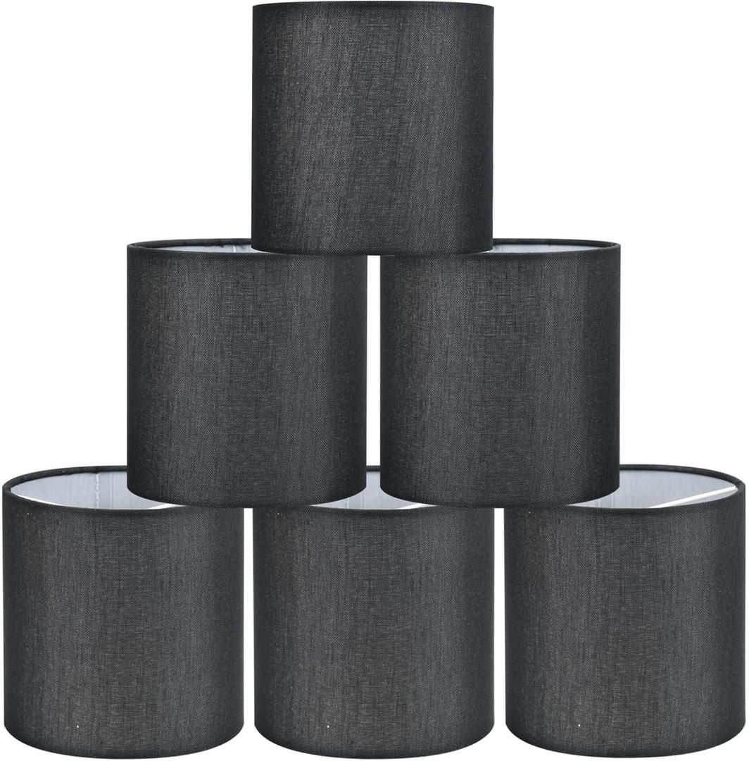 Lampwell Tina Black Clip-on Chandelier Lamp Shades Set of 6, 5"5"H5", Mini Linen Drum Shades, For Candle Bulb and Small General Bulb