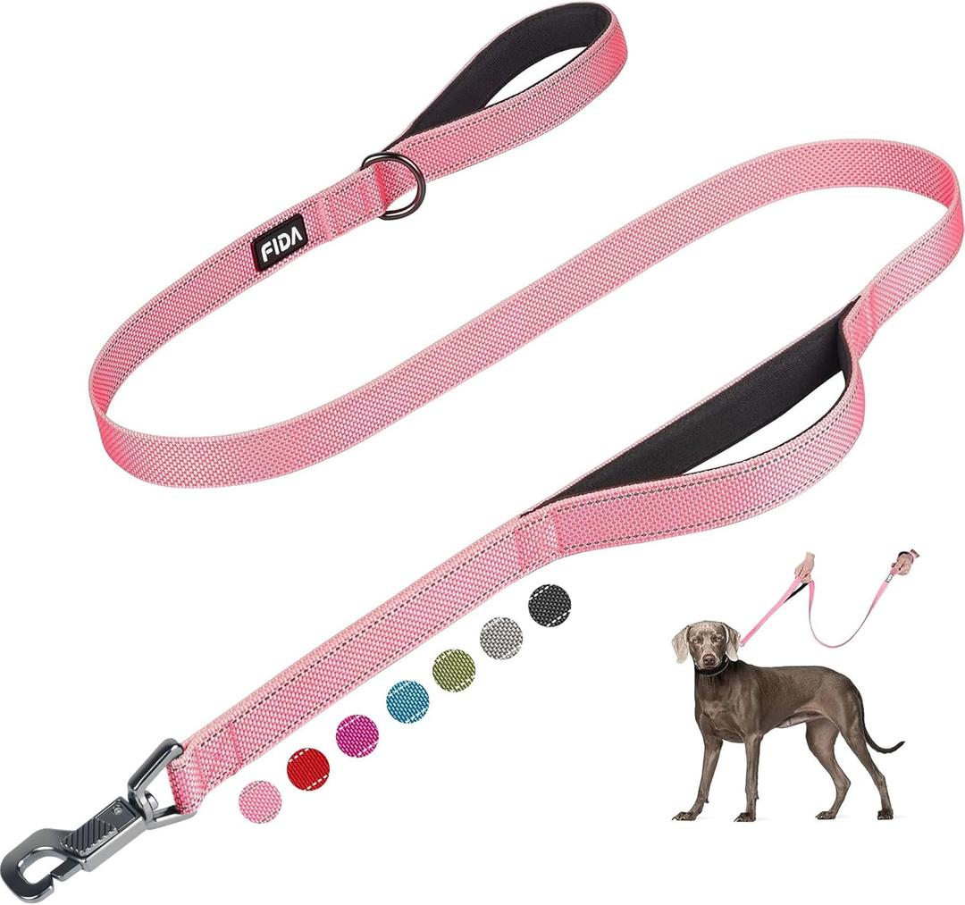 Fida 5 FT Heavy Duty Dog Leash with 2 Comfortable Padded Handles, Traffic Handle & Advanced Easy Snap Hook, Reflective Walking Lead for Large, Medium & Small Breed Dogs, Pink (5 Feet (Pack of 1))