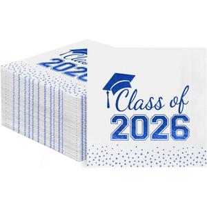 Horaldaily 100 Class of 2026 Graduation Disposable Paper Decorativeeon Napkins, White and Blue Foil dots, College High School Grad Celebration Hand Towel for Party Dinner Kitchen Bathroom