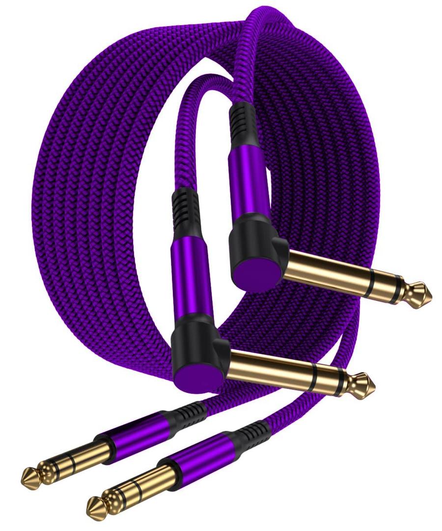 Elebase 1/4 Inch TRS Instrument Cable 10ft 2-Pack,Right-Angled to Straight 6.35mm Male Jack Stereo Audio Cord,6.35 Balanced Interconnect Line for Electric Guitar,Bass,Keyboard,Mixer,Amplifier,Speaker (Purple)