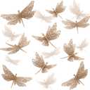 24 Pcs Glitter Dragonfly Decorations, Champagne 3D Dragonfly Wall Decor with Clips Stem for Spring Summer Garden Party Wedding, Glitter Dragonflies for Floral Arrangement DIY Craft