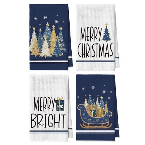 Artoid Mode Blue Xmas Tree Star Sledge Christmas Kitchen Towels, 18x26 Inch Quick Dry Microfiber Cloth Dish Towels for Kitchen Drying Set of 4