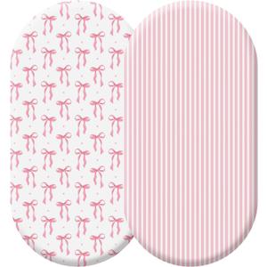 Oudain 2 Pack Pink Baby Bassinet Sheets Girls Bow Coquette 32'' x 16" Stretchable Soft Crib Sheets Cradle Bed Set Fitted Cover for Oval Rectangle Hourglass Mattress Infant Nursery Toddler Room Decor