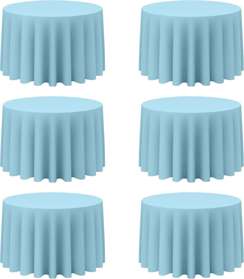 BRILLMAX 6 Pack Light Blue Round Tablecloths 108 Inch for 48 Tables - 150 GSM Polyester Fabric, Floor Length Drop, Water, Stain & Wrinkle Resistant Cloth Cover for Wedding Reception Banquet Dining
