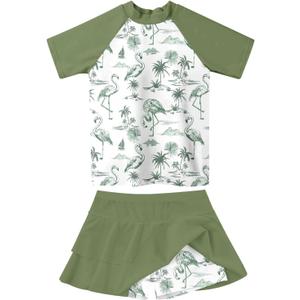 Girls Rash Guard Swimsuit 2 Piece Short Sleeve Bathing Suit Size 6-11 (8-9 Years, Green-01)