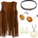 60s 70s Outfits for Women Party Accessories Peace Sign Earring Headband Fringe Vest Tassel Cardigan (Small, Khaki)