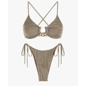 ZAFUL Women's Sexy Cutout Bikini Set High Cut Textured Metal Ring Cheeky Swimsuit Two Piece Bathing Suit, Large 