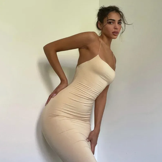 Beige Spaghetti Straps Bodycon Dress L