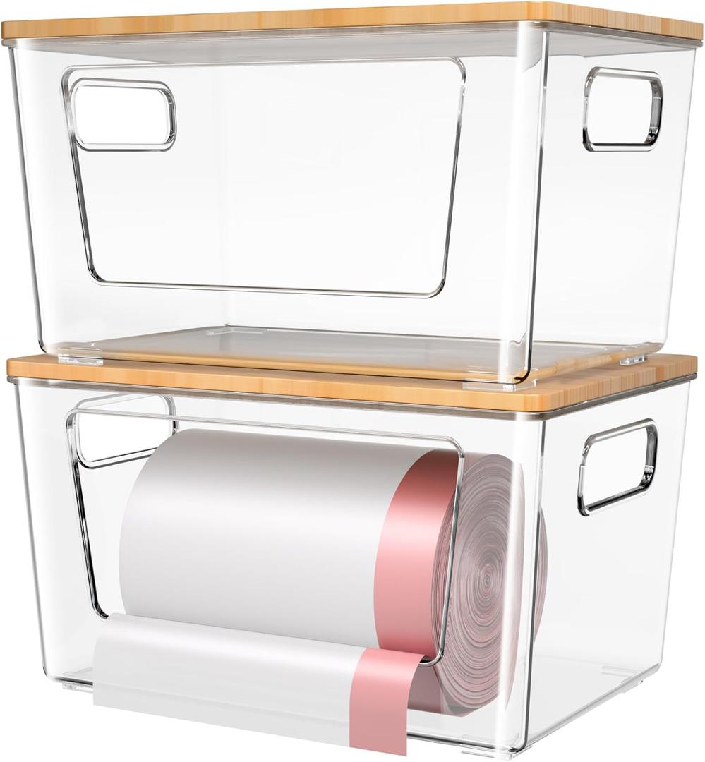 ALANSON 2 Pack Multi-Function Storage Boxes with Bamboo Lids, Trash Bag Organizer, Suitable for Organizing Kitchen, Cabinets, Under Sink, Laundry Room and Pantry (Clear, 2 Pack)
