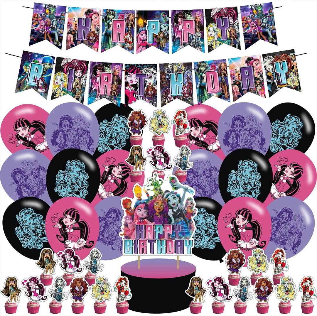 Monster Girl High Party Supplies, Birthday Party Decorations For Monster Girl For Kids With Happy Birthday Banner, Cake Topper, Balloons For Cartoon Birthday Party Decorations
