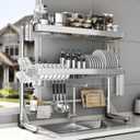 Over The Sink Dish Drainer Drying Rack 3 Tier, Full Stainless Steel Dish Drying Rack Adjustable Length 20.9''-37.4'', Kitchen Sink Shelf, Organized Space-Saving Dish Rack, 3 Tier with Flat Grid