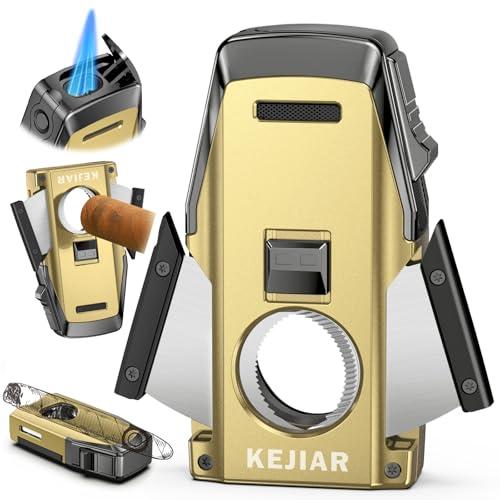 KEJIAR Cigar Lighter, Multi-Purpose Cigar Torch Lighter, Refillable Butane Torch Lighter, Built-in Punch, Fan-Shaped Serrated Double-Blade Cigar Cutter and Stand, Ideal Cigar Accessories for Men Gift