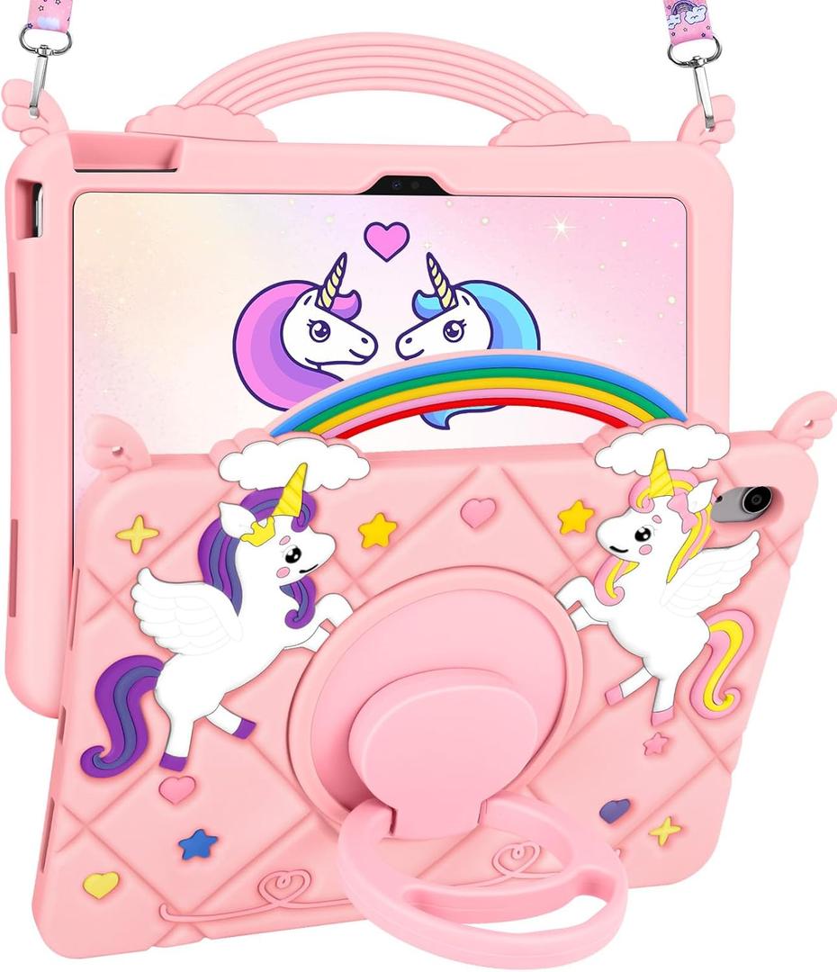 For IPad A16 Case/10th Generation Case - Girls Teens Cute Cartoon 10.9 Inch 2022 Tablet Cover with Rotating Stand Handle & Strap Soft Silicone 3D PK Unicorn Funda for iPad 11th 11 Inch 2025 (Pink)