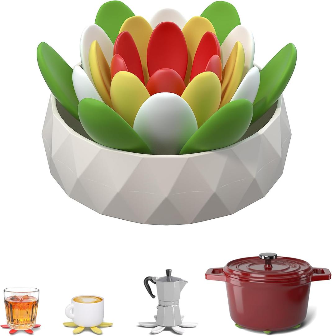 Readaeer Non-Slip Silicone Trivet Mats, 4 PCS Different Sizes Succulent-Shaped Trivets for Hot Dishes, Foldable Heat Resistant Pot Holders, Multipurpose Hot Pads for Kitchen Pots and Hot Cups (Green)