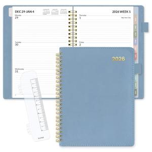 SUNEE 2026 Weekly & Monthly Planner 6.4"x8.5"- 12 Month (January 2026 - December 2026), Vegan Leather Cover, Pocket, Bookmark, Notes, Monthly Tab, Gray Blue