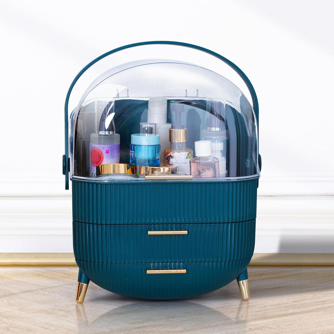 Makeup Cosmetic Organizer Box with Drawer Storage - Plastic Oval Storage Organizer with Turn Lock, Large Capacity for Womens Skincare and Beauty Products (Green)