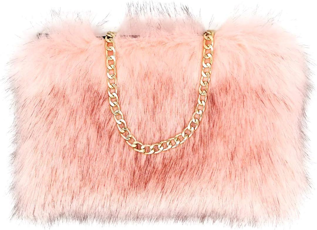 FHQHTH Faux Fox Fur Purse Fuzzy Handbags for Women Evening Handbags Al alloy Shoulder Strap (Pink With Brown Tips)