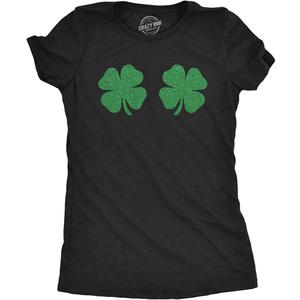Womens Clover Tits Tshirt Funny Glitter Four Leaf Clover St. Paddy's Day Parade Boob Novelty Graphic Tee for Ladies (Heather Black)
 S