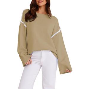 Women's Oversized Sweaters Loose Fit Fall Crewneck Color Block Knit Pullover Sweater Tops (L)