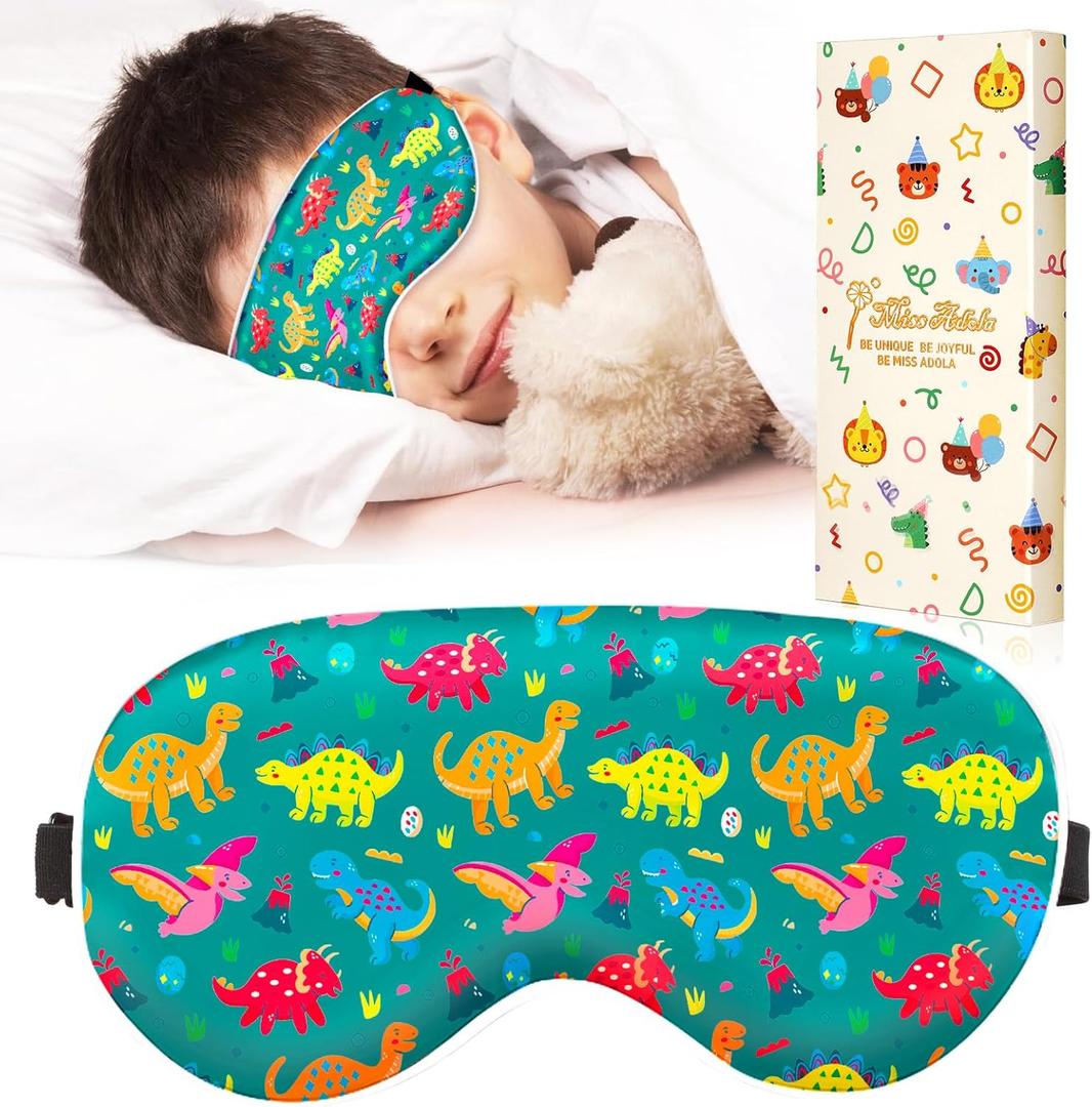 Sleep Mask for Kids - Cute Kawaii Cartoon Silk Sleeping Mask with Adjustable Strap Soft Smooth Light Eye Mask for Sleeping Silk Kids Eye Cover for Boys Girls Teens, Green Dinosaur