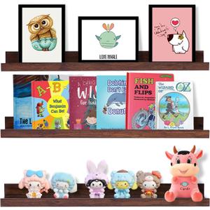 AZSKY Walnut Floating Shelves 24 Inch Picture Ledge Shelf for Wall Photo Shelves with Lip for Pictures Nursery Room Bookshelf Wood Wall Shelves Set of 3 for Bedroom Living Room Bathroom Kitchen