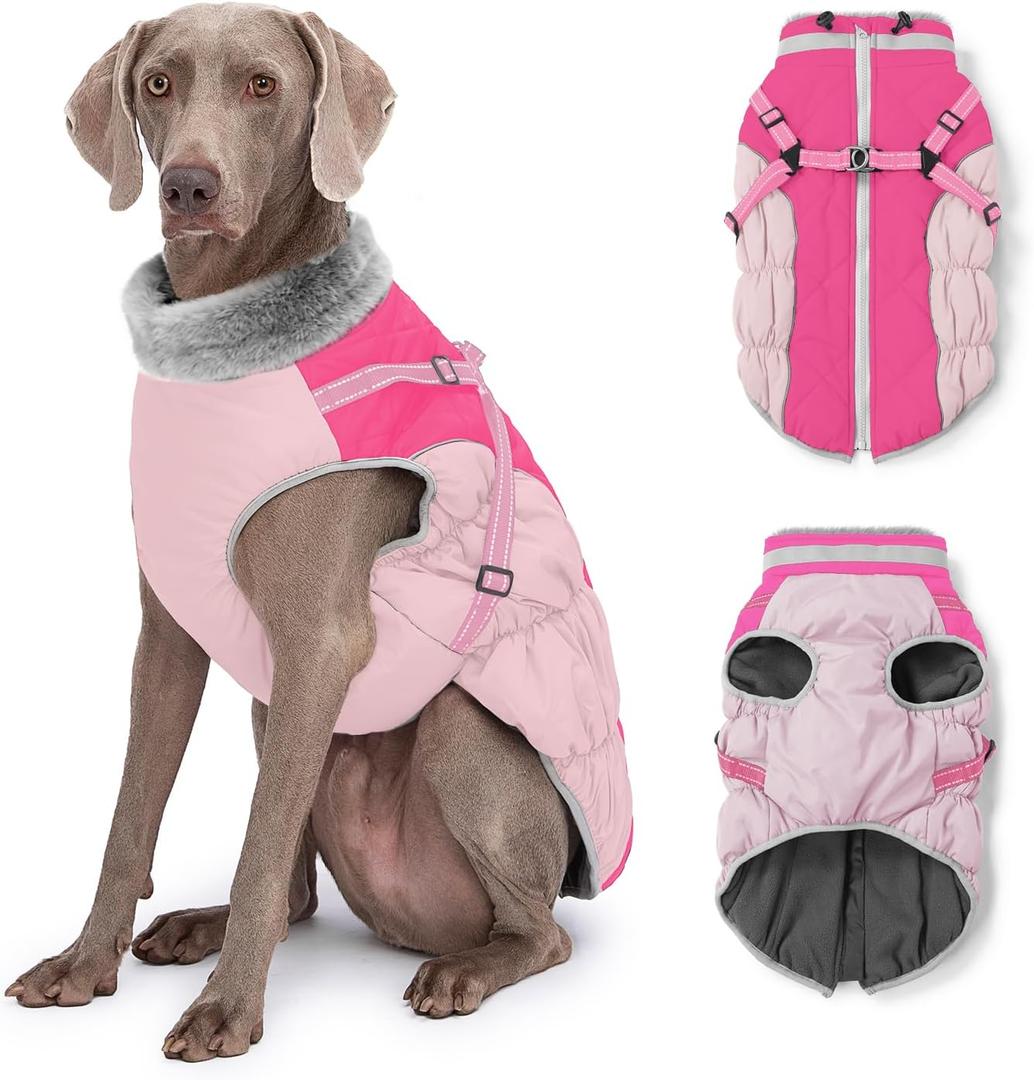 Dog Winter Coat with Harness, Dog Jacket, Pet Clothes with Zipper on Back, Waterproof Windproof Warm Vest, Reflective Cold Weather Coats, for Small Medium Large Dogs, Thick, Pink, XL (XL(Chest Girth:33.1"/84CM))
