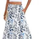 Askyes Womens Maxi Skirt Summer Tie Knot Elastic High Waisted Boho Casual Beach Flowy Swing Long Skirts with Pockets (Water Plants), XL
